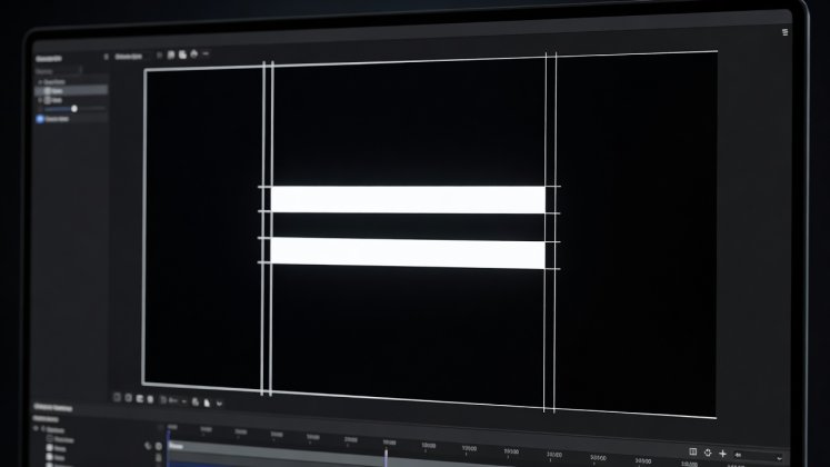 Close-up of an editing monitor showing two-line high-contrast captions positioned inside a 9:16 vertical safe-zone grid