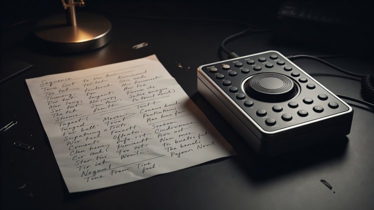 Close-up of handwritten sequence notes beside a tactile video editing controller on a dark studio desk