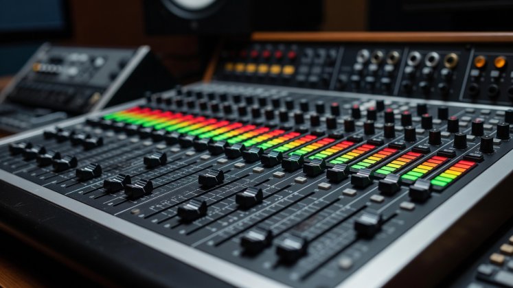 Shallow-focus close-up of studio audio faders and LED peak meters during a short-form voiceover mix