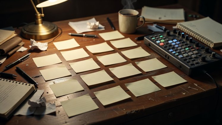 Close-up of index cards and an editing controller showing rearranged story beats for an opening hook