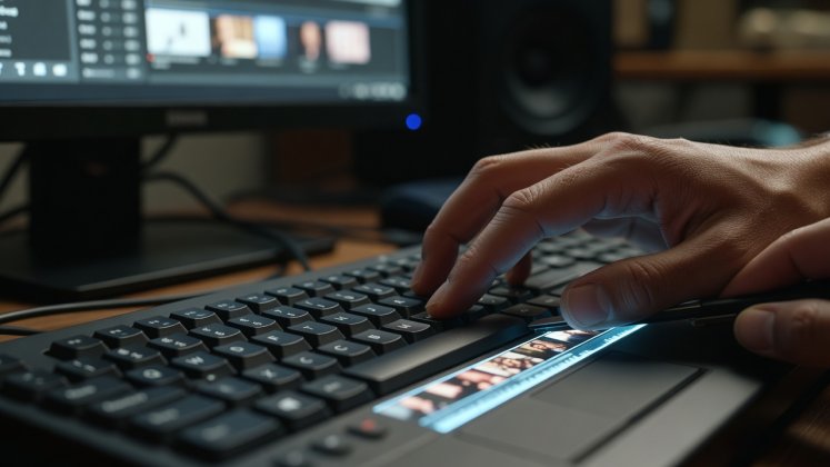 Close-up of an editor's left hand on keyboard shortcut keys while trimming a video clip timeline
